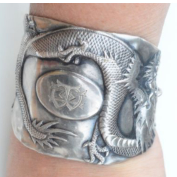 Antique Obsessions Jewelry - Sterling Silver Chinese Dragon Cuff Bracelet 925